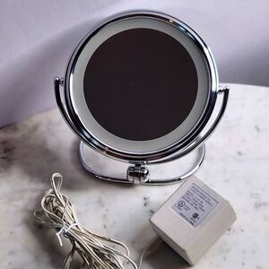 Jerdon Silver Chrome 5X Magnifying Lighted Mirror MC215 AC Adaptor GUC
